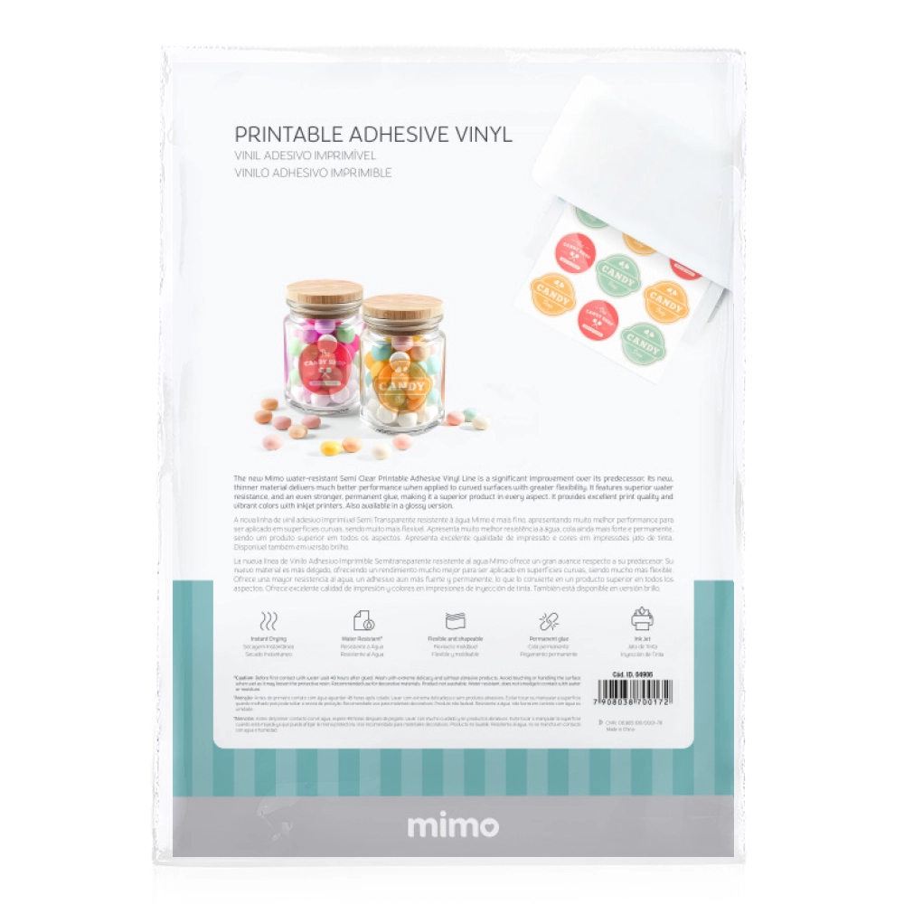 Vinil Adesivo Imprimível Semi Transparente Resistente a Água - Mimo - A4 10 fls