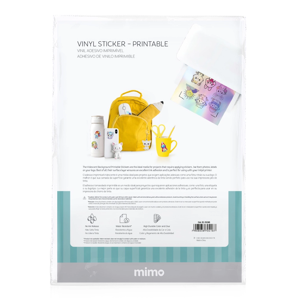 Vinil Adesivo Imprimível Iridescente Resistente a Água - Mimo -  A4 - 10 fls